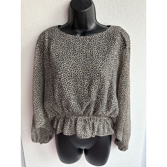 Gilli Drop Waist Leopard Animal Print Blouse Top S Classy Long Sleeve Ruffle Hem - Picture 1 of 9